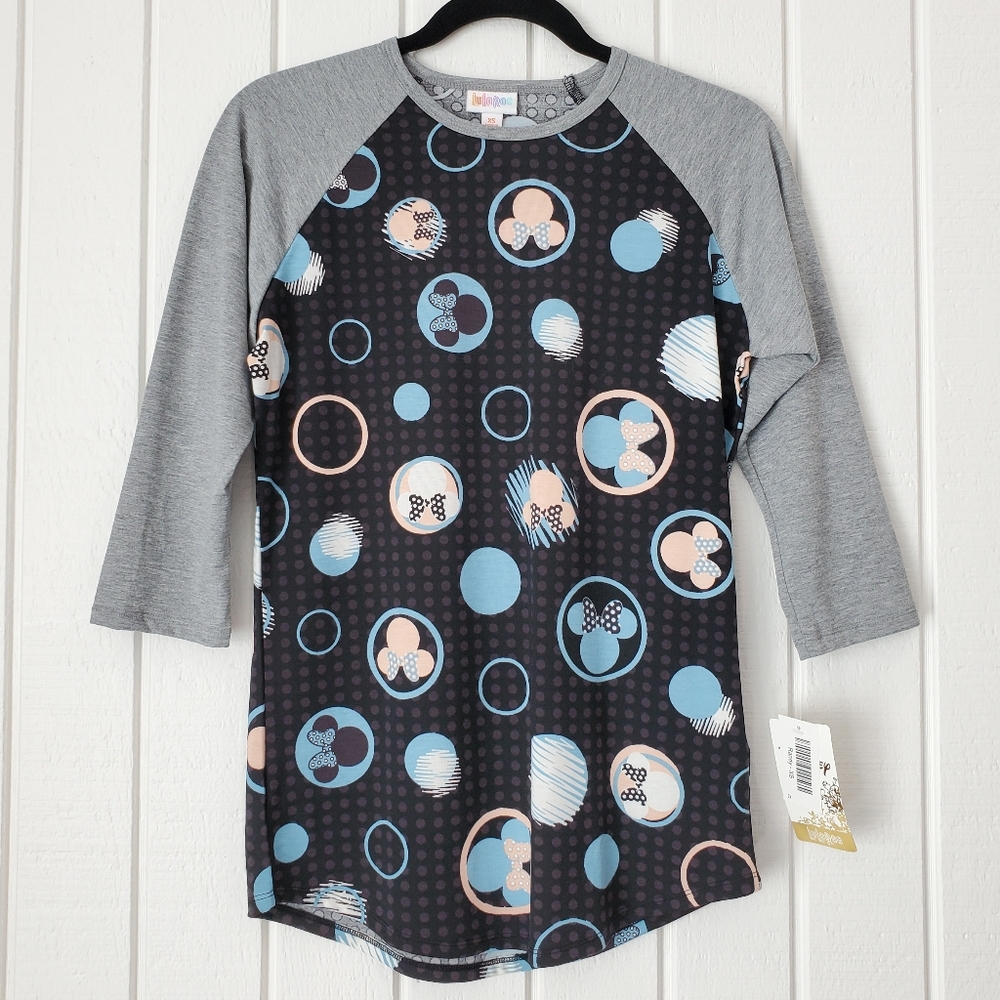 Disney LuLaRoe Randy Baseball Raglan T-shirt Minnie Mouse Grey Black Polka Dot